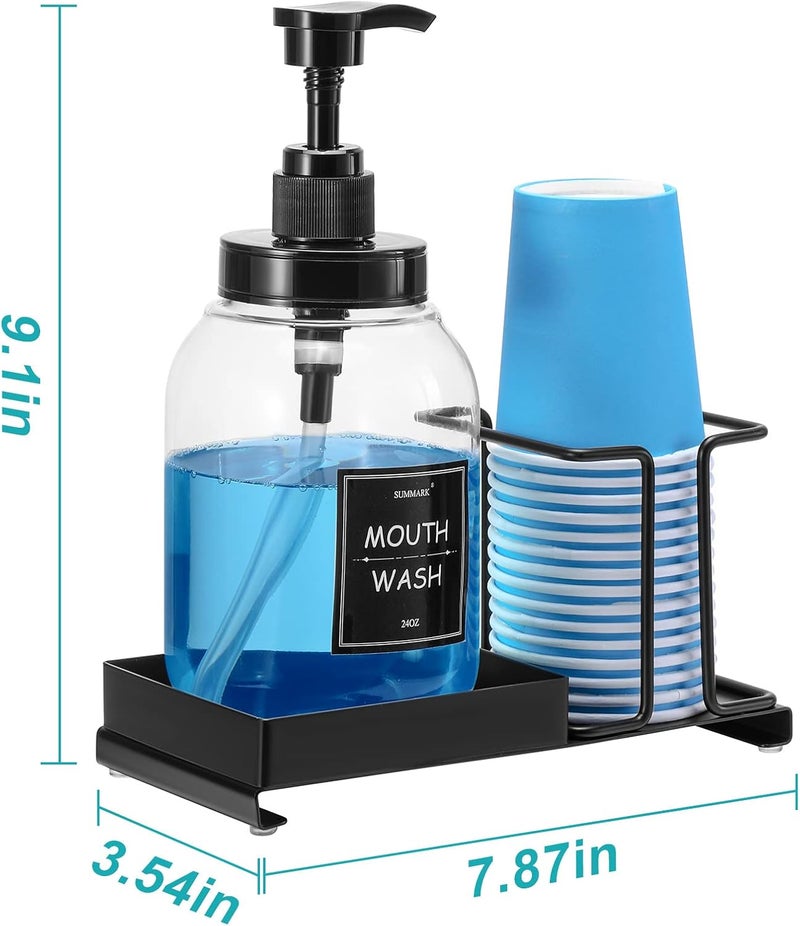 Summark Mouthwash Dispenser for Bathroom,Mouth Wash Pump Bottle with Stainless Steel Cup Holder,24 OZ Refillable Clear Mouthwash Container,BPA Free,Black - Image 5